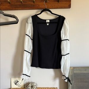 Maeve Black and White Blouse with Sheer Sleeves NWOT